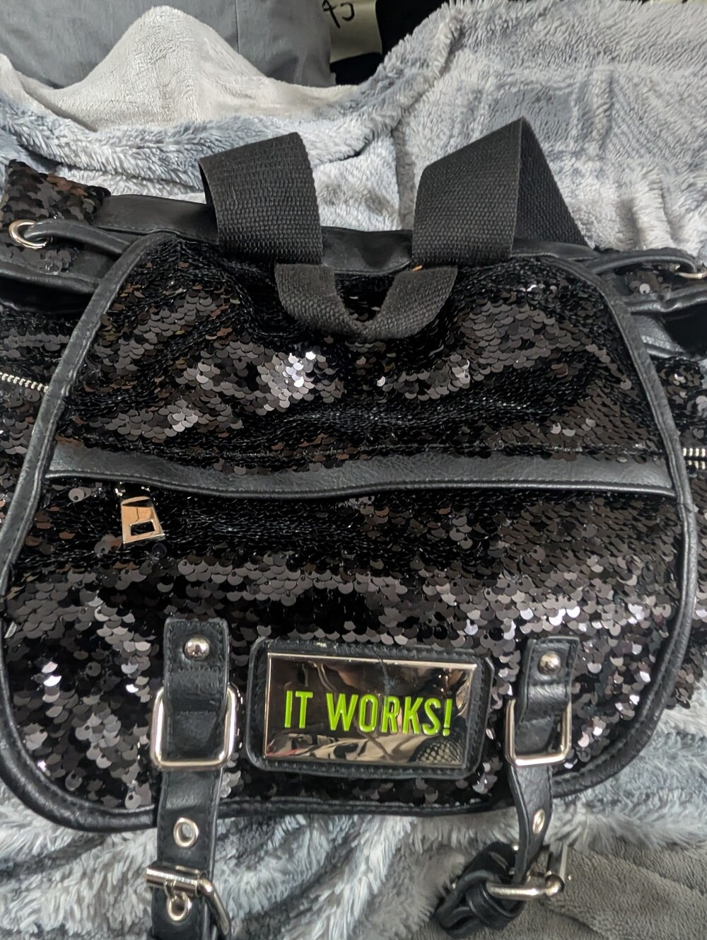 IT Works! Black Sparkly Sequin Backpack Y2K McBling Style Buckle Bag